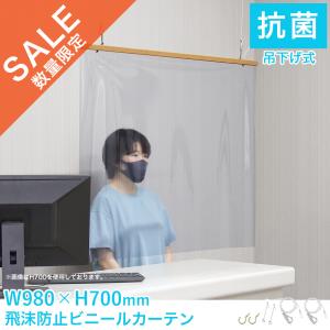 【在庫処分品】在庫限りのセール価格 吊下げ式 抗菌 防カビ 幅980mm×長さ700mm ビニール パーテーション 木製ハンガー 飛沫防止 吊り下げ PPW-1000-70-wire