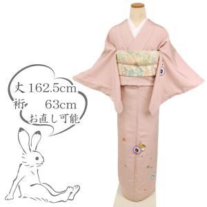 紬 訪問着 袷着物 四季の花模様 無紋 ベージュ 正絹 外出着 Mサイズ 