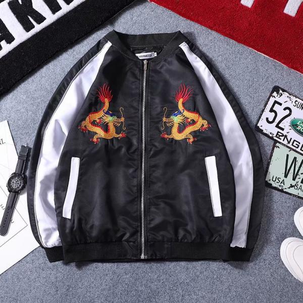 スカジャン メンズ 刺繍 ジャケット ブルゾン サテン生地 和柄 龍 鶴 横須賀 光沢 男女兼用 ス...