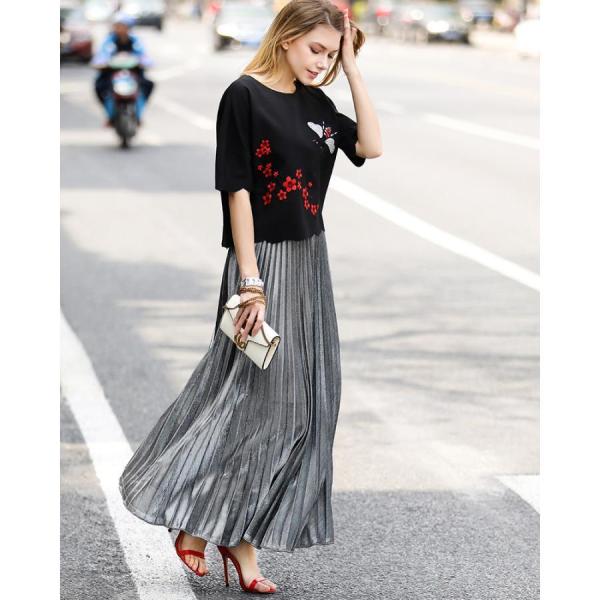 春の感謝プリーツスカートラメ沢メタリックシルバーゴールドブラックレディース春秋ロングAラインウエスト...