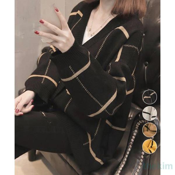 ニットカーディガン BIGチェック柄秋冬