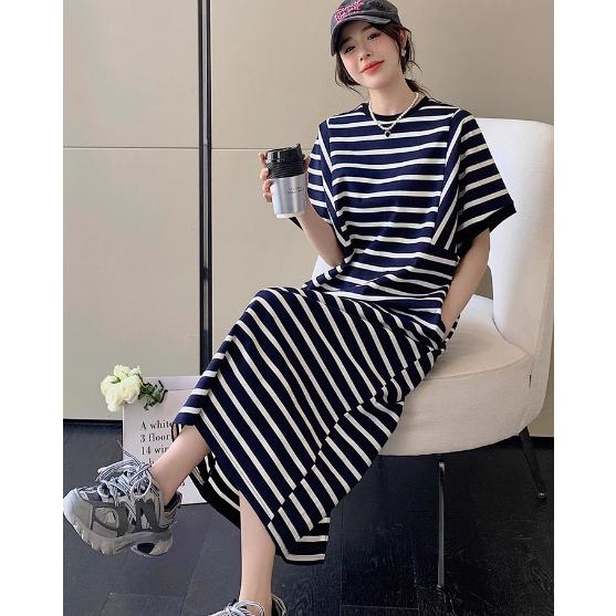 ボーダー Tシャツワンピース 夏 レディース 半袖 ワンピース ロング Tシャツワンピ ゆったり 海...