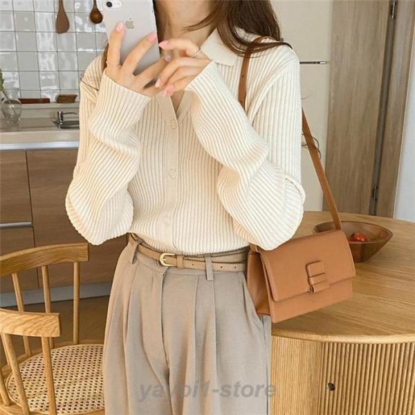 カーディガン リブニット レディース トップス ニット 襟付き ボタン 秋 春 vネック 襟付き リ...