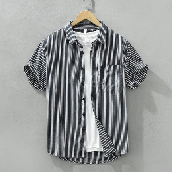 メンズ シャツ ストライプシャツ カジュアルシャツ トップス 半袖 100%コットン 夏服 ファッシ...
