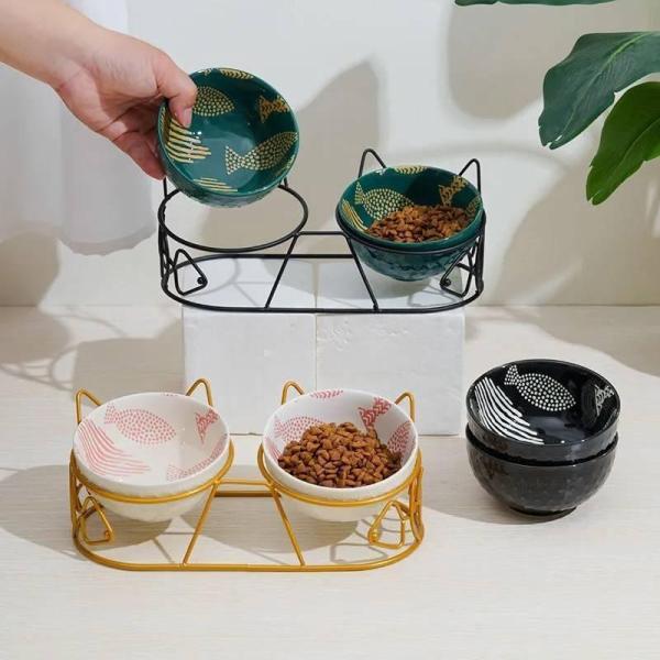 犬 猫 食器 陶器 フードボウル スタンド 2個セット ペット食器台 脚付 テーブル 斜め 15度傾...