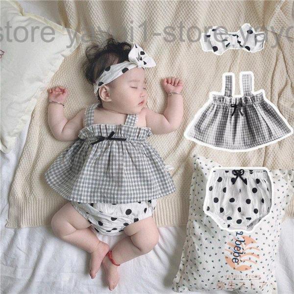 ベビー服 女の子 ロンパース 新生児 服 短パン パンツ セット 3点セットリボン 可愛い チェック...