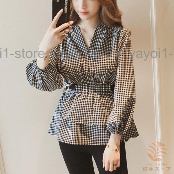 ブラウス 長袖 Vネック ペプラム ウエストマーク バルーンスリーブ シャツ トップス レディース ...