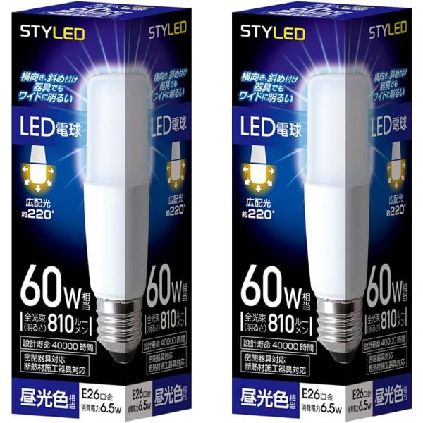 スタイルド LED電球 T形タイプ 2個セット 口金直径26mm 60W形相当 昼光色 広配光タイプ...
