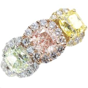 ピンクダイヤモンド1.037ct&イエローダイヤモンド1.015ct&グリーンダイヤモンド1.09ct PT950/K18YGリング 贅沢3カラーダイヤ 合計4.092ct 1点もの