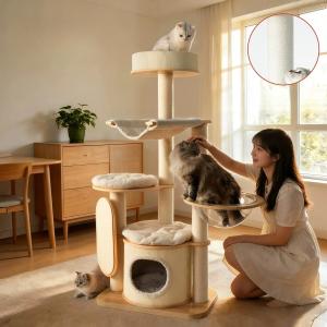 猫 キャットタワー 二段式 木製 爪とぎ マッ...の詳細画像1
