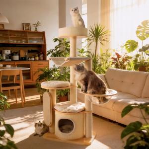 猫 キャットタワー 二段式 木製 爪とぎ マッ...の詳細画像2