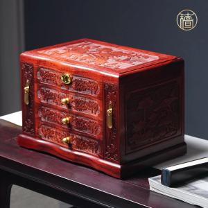 木製ジュエリーボックス 大容量 ラック型 ミラー付 ネックレスリング収納 かぎ付き 中国レトロ風 持ち運び可能 A