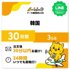 韓国 eSIM SIM SIMカード 30日間 3GB データ通信 プリペイドSIM イー!SIM