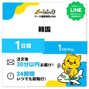 韓国 eSIM SIM 1日間 1日/1GB データ通信 プリペイドSIM イー!SIM