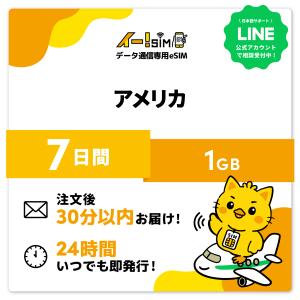 アメリカ eSIM SIM SIMカード 7日間 1GB データ通信 プリペイドSIM イー!SIM