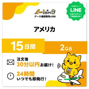 アメリカ eSIM SIM SIMカード 15日間 2GB データ通信 プリペイドSIM イー!SIM