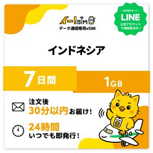 インドネシア eSIM SIM SIMカード 7日間 1GB データ通信 プリペイドSIM イー!SIM