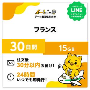 フランス eSIM SIM SIMカード 30日間 15GB データ通信 プリペイドSIM イー!SIM