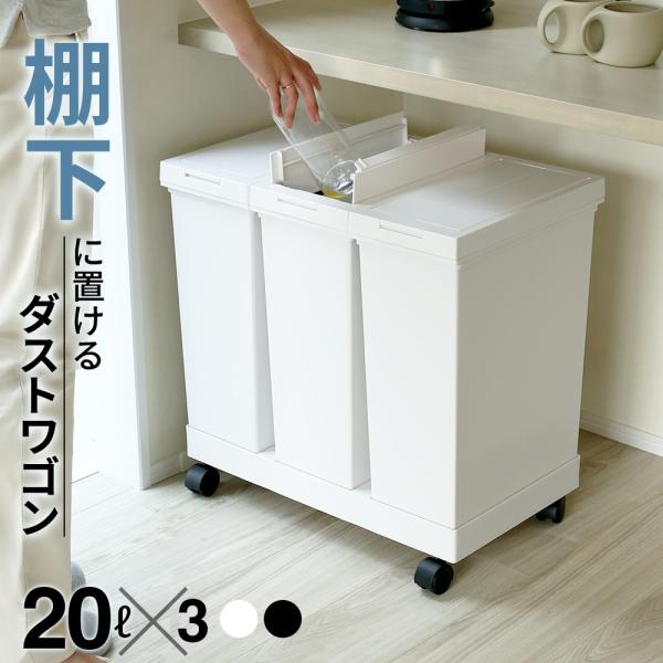 ゴミ箱 棚下で使える プッシュダストボックス 3分別ワゴン 20L×3 ブラック/ホワイト ｜ ダス...
