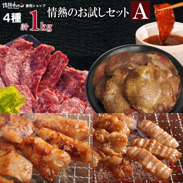 焼肉 送料無料 計1kg 情熱の お試し 焼肉セット【Ａ】ハラミ テッチャン 豚トロ 訳あり牛タン ...