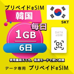 eSIM 韓国 データ通信 6日間 毎日 1GB esim 格安eSIM SIMプリー 韓国 プリペイド esim データ専用 SKT｜yhplus-shop