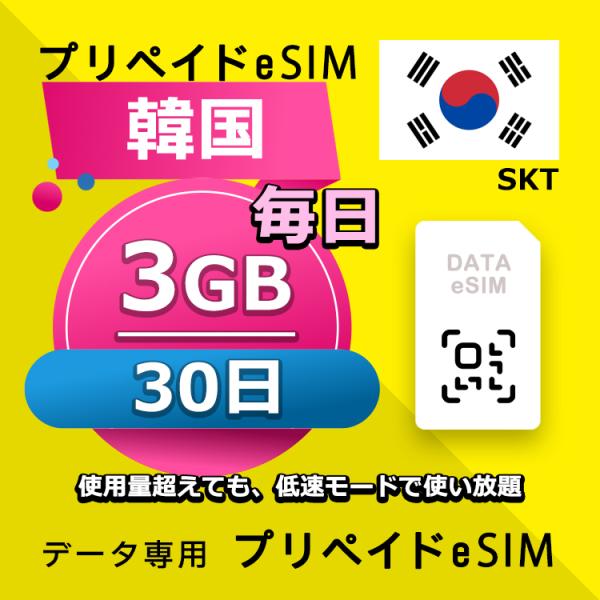 eSIM 韓国 データ通信 30日間 毎日 3GB esim 格安eSIM SIMプリー 韓国 プリ...