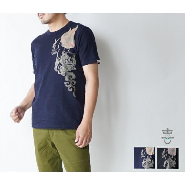 喜人12006　阿吽獅子 スラブ半袖Tシャツ　送料無料　和柄　メンズ和　Tシャツ和柄