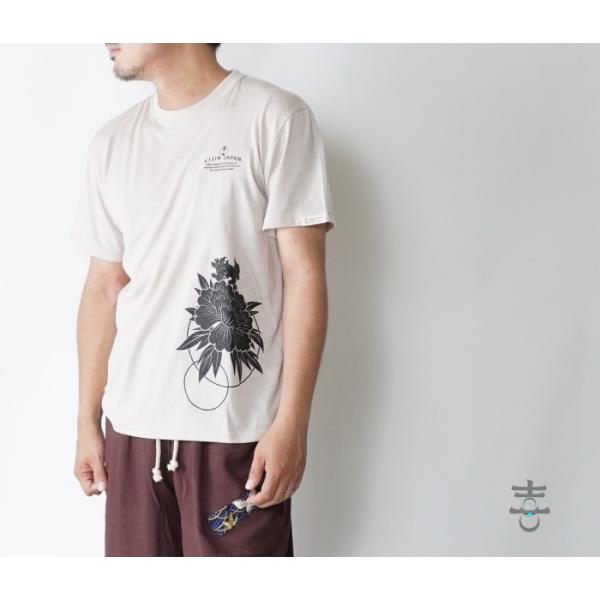 喜人　22015be　まるめんドライ 牡丹柄プリント半袖Tシャツ ベージュ　和柄Tシャツ　和