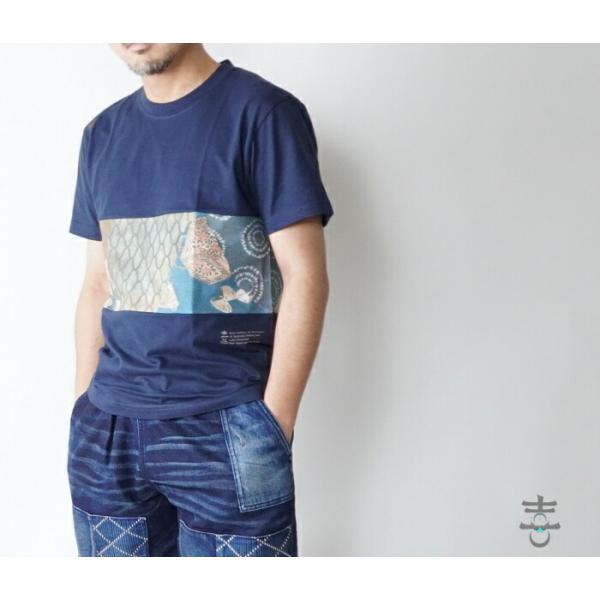 喜人22020n　帯T 和柄切替え 半袖Tシャツ ネイビー 日本製　和柄　Tシャツ大人　オシャレTシ...