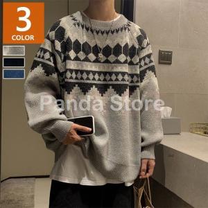 ニットセーター メンズ 長袖 クルーネックセーター ネイティブ柄プルオーバーセーター 秋冬 人気防寒セーター カットソー オシャレカジュアルニットトップス