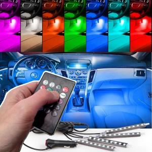 送料無料 カーイルミネーション 車内 LEDテープ4本ｘ9LED車内装飾用ライト RGB8色切替 車内装飾用 リモコン付 シガーソケットとUSBから選択