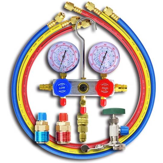 送料無料　エアコンガスチャージャー マニホールドゲージ 対応冷媒 R134a R22 R410a R...