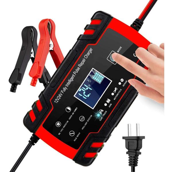 バッテリー充電器 バイク 自動車 12V 24V 修復パルス充電可能 自動バッテリーチャージャー メ...