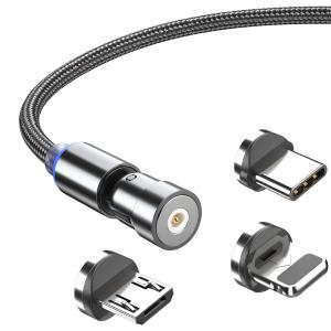 送料無料 マグネット充電ケーブル 3in1 USBケーブル 急速充電 360度+180度回転  磁気 防塵 着脱式 iOS マイクロUSB Type-C コネクタ　5v 2.4A　1ｍ