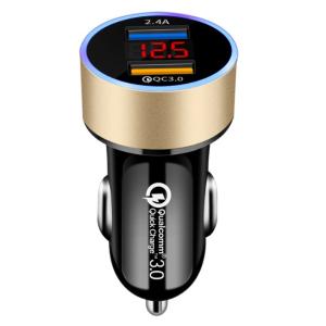 【並行輸入品】合計6A 急速充電 シガーソケット USBカーチャージャー 《ゴールド》 2台同時急速充電 2ポート 電圧計搭載 車載 12V 24V(定形外郵便、送料別商品)