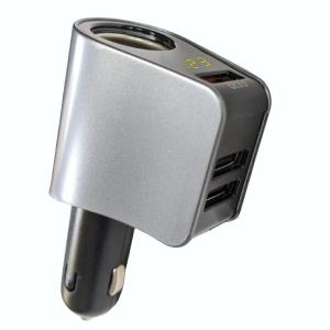 電圧計付 QC3.0 3連USBソケット 《グレー》 シガーソケット 3口 測定 スマホ iphone タブレット 急速 充電 3.1A 分配器(定形外郵便、代引不可、送料別商品)