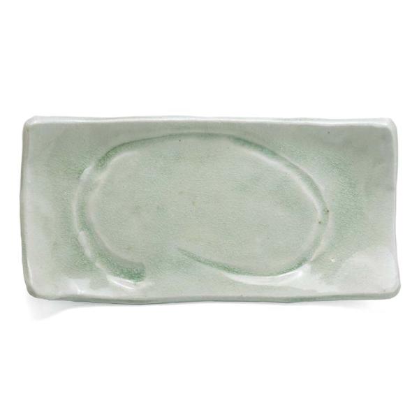 瀬戸焼：灰釉ビードロ長方皿・大・丸文・有松進《中皿・26.5cm》