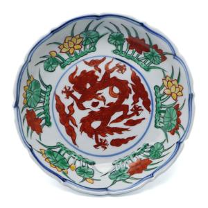 九谷焼　四代須田菁華　天啓赤絵更紗文皿 九谷焼：天啓赤絵花網文茶碗・須田菁華《汲出・ぐい呑み・8.5cm》 : 和