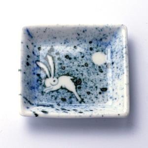 染付角豆皿・吹墨月に兎・阪東晃司