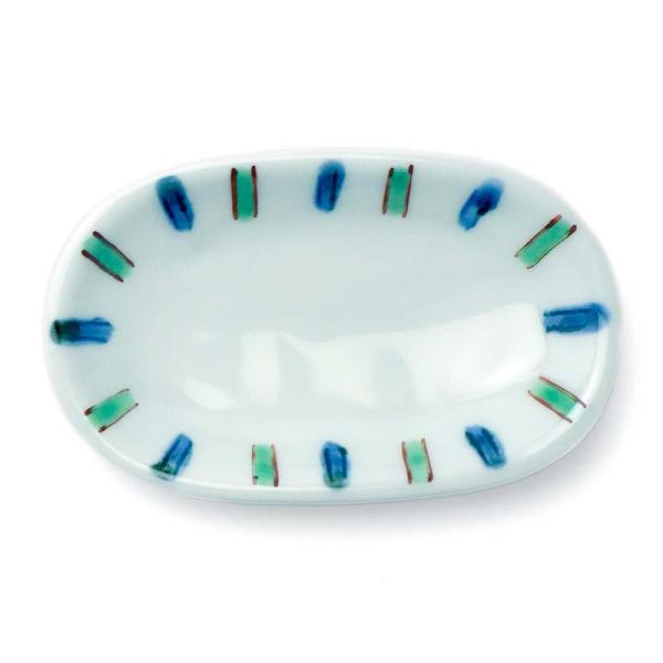 青緑線文小判豆皿・赤・古川章蔵《豆皿・10.6cm》