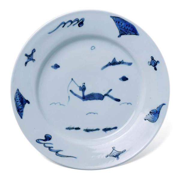 九谷焼：丹ぱん呉須釣舟文6寸皿・正木春蔵《中皿・19.0cm》