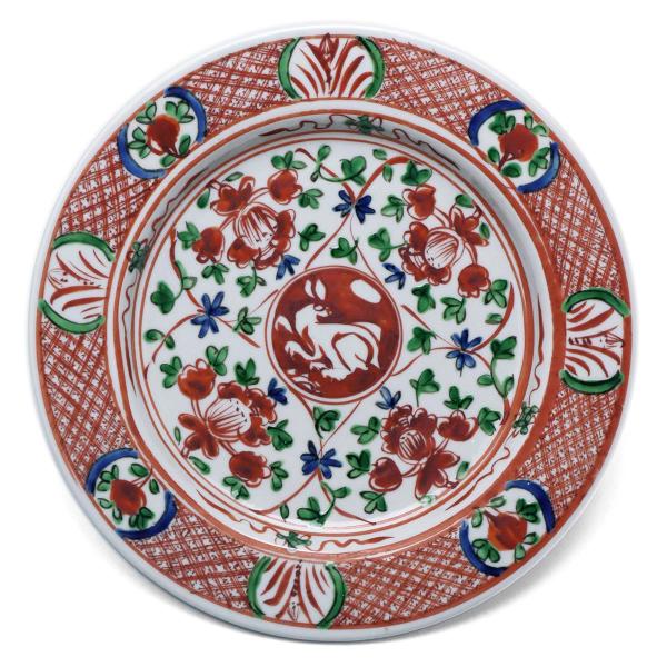 九谷焼：呉須赤絵牡丹兎文平鉢-3・正木春蔵《大皿・25.5cm》