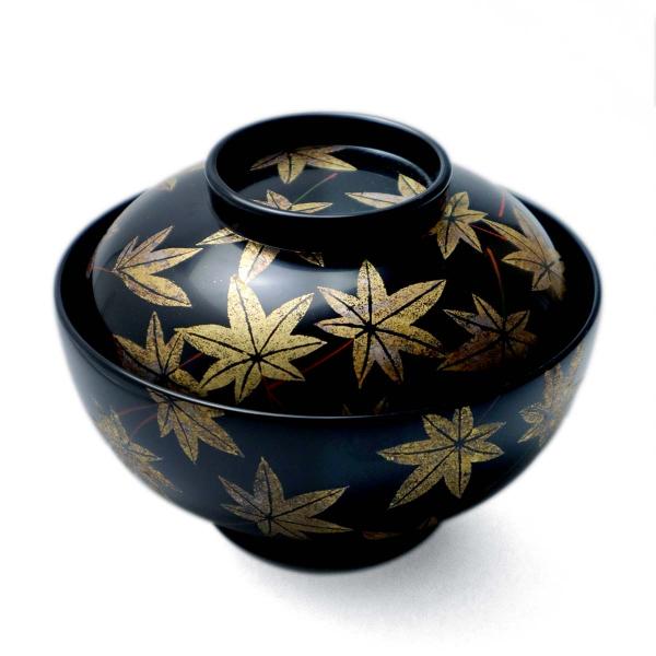 漆器・輪島塗：紅葉箔絵黒蓋付中椀・奥田志郎《お椀・汁椀・12.7cm・250ml》
