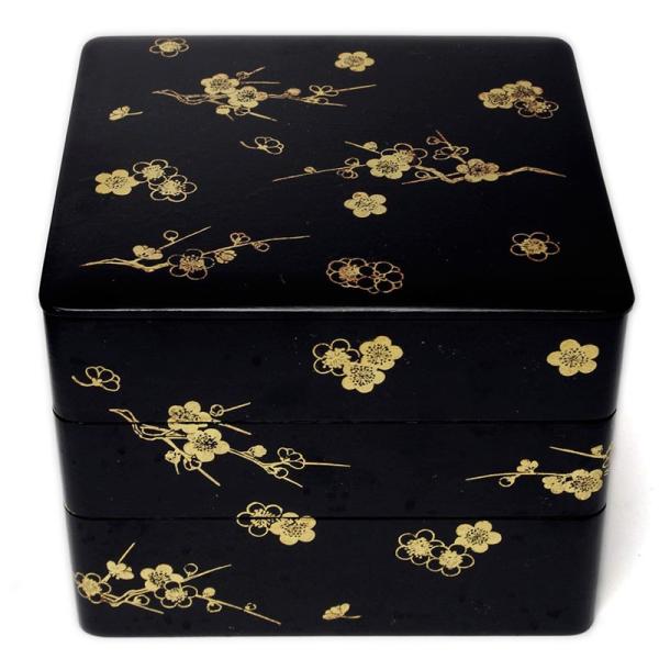 漆器・箔絵：梅箔絵三段重・黒内朱・藤井収＆山本哲《お重箱・一閑張り》