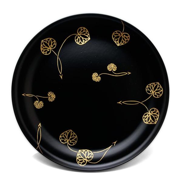 漆器：黒目はじき足付宗寛盆・双葉葵文箔絵・守田漆器・山本哲《大皿・24.0cm》