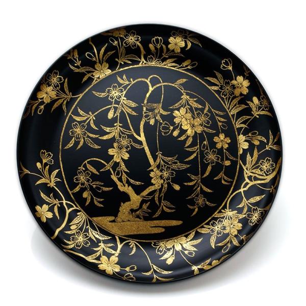 漆器・黒目はじき足付宗寛盆・しだれ桜文箔絵・守田漆器・山本哲《大皿・お盆・24.0cm》