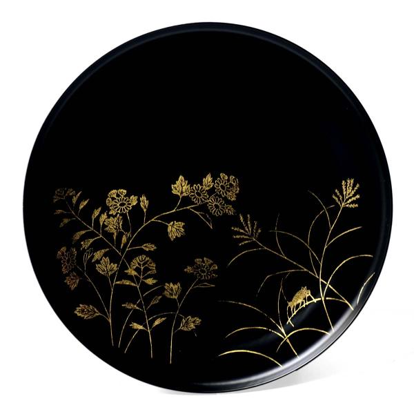 漆器：黒目はじき足付宗寛盆・秋草文箔絵・守田漆器・山本哲《大皿・24.0cm》