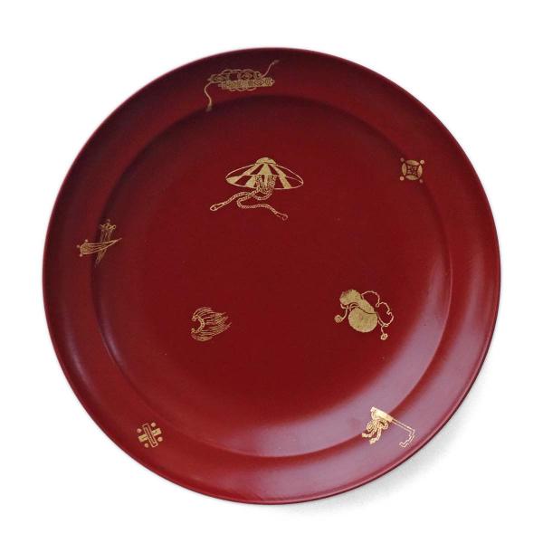 漆器：栓9寸木瓜鉢・宝尽くし箔絵・朱・守田漆器《大鉢・27.0cm》
