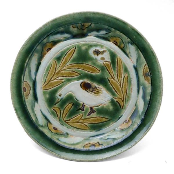 三彩彫皿・鳥・野村佳苗《中皿・19.8cm》