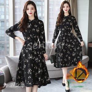 ワンピース レディース 40代 きれいめ 秋冬 裏起毛 長袖 上品 マキシワンピース ロング 花柄 チュニック 大きいサイズ パーティードレス 韓国風 おしゃれ 着痩せ